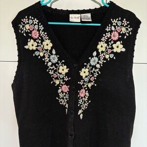 VTG Womens XL Sweater Vest Floral Embroider Flower Black Ramie Cotton Two Twenty